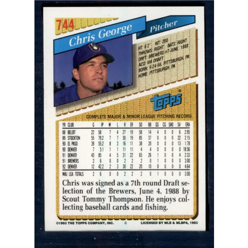 1993 Topps #744 Chris George NM-MT Milwaukee Brewers Baseball Card - Baseball Card Single