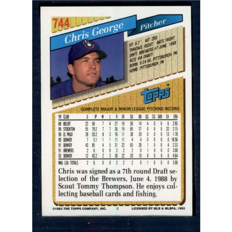 1993 Topps #744 Chris George NM-MT Milwaukee Brewers Baseball Card - Baseball Card Single