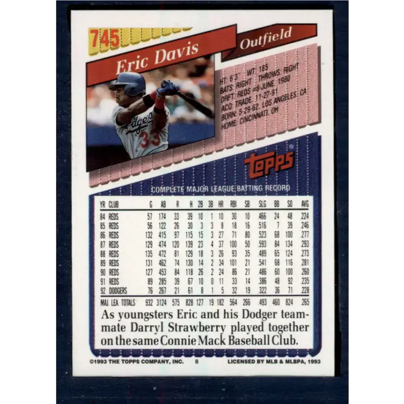 1993 Topps #745 Eric Davis NM-MT Los Angeles Dodgers Baseball Card - Baseball Card Single