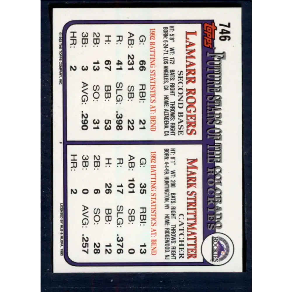 1993 Topps #746 Mark Strittmatter/Lamarr Rogers NM-MT RC Rookie Colorado Rockies Baseball Card - Baseball Card Single