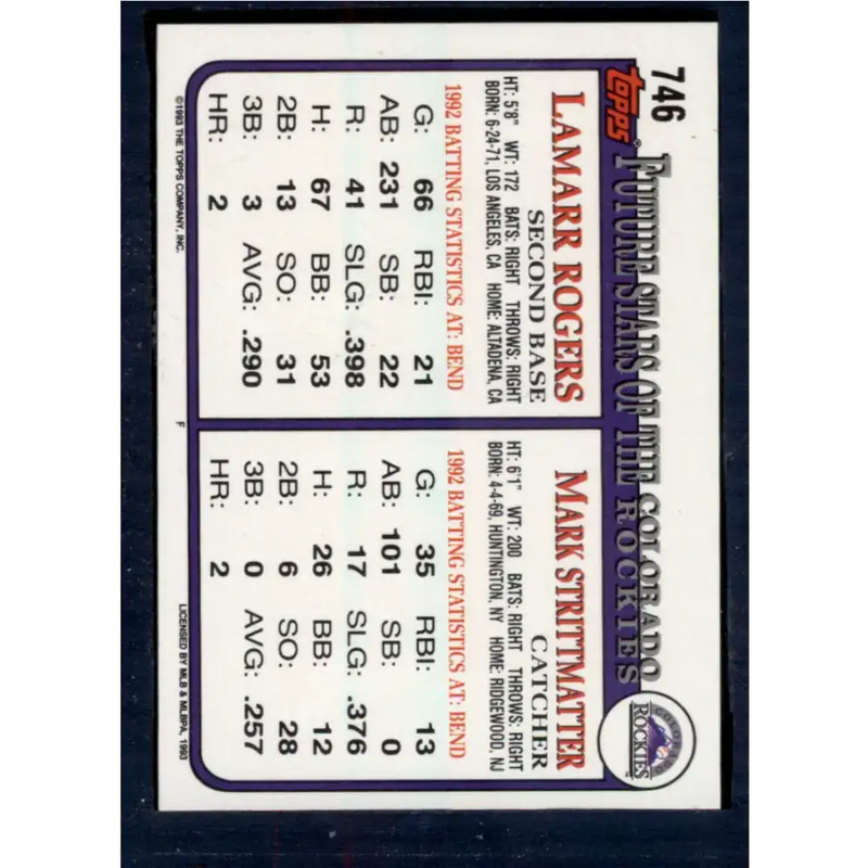 1993 Topps #746 Mark Strittmatter/Lamarr Rogers NM-MT RC Rookie Colorado Rockies Baseball Card - Baseball Card Single
