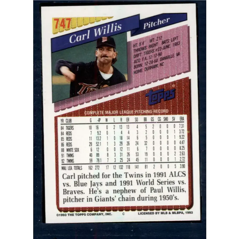 1993 Topps #747 Carl Willis NM-MT Minnesota Twins Baseball Card - Baseball Card Single