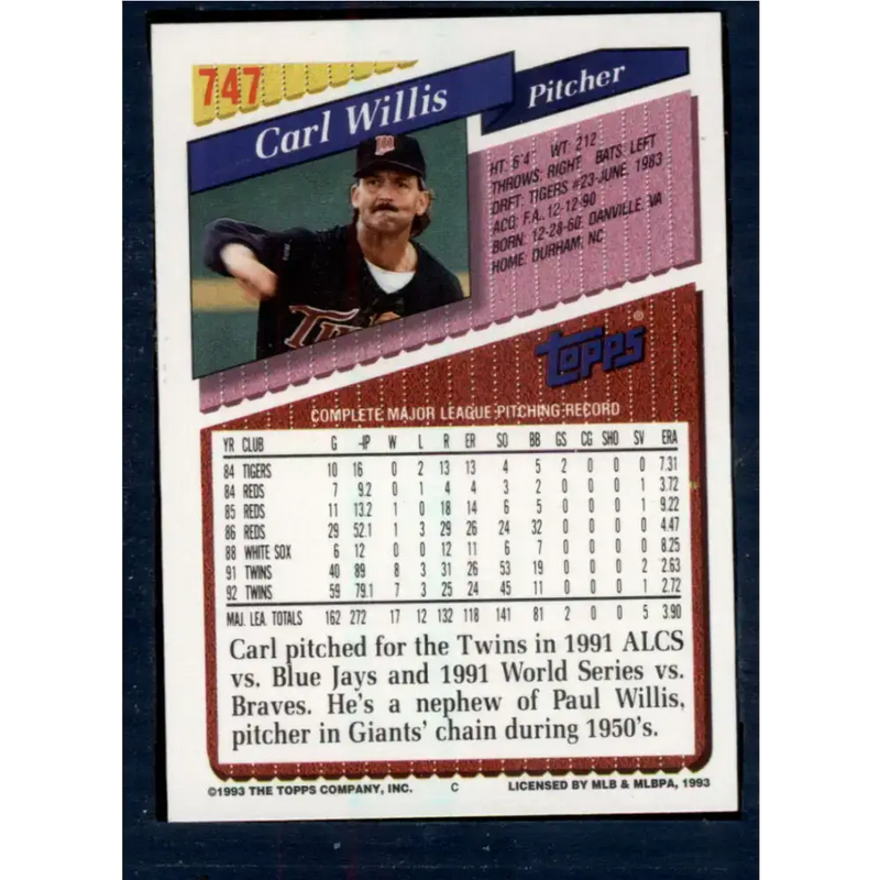 1993 Topps #747 Carl Willis NM-MT Minnesota Twins Baseball Card - Baseball Card Single