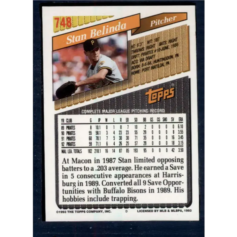 1993 Topps #748 Stan Belinda NM-MT Pittsburgh Pirates Baseball Card - Baseball Card Single