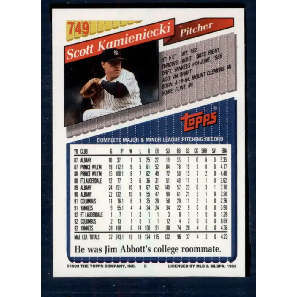 1993 Topps #749 Scott Kamieniecki NM-MT New York Yankees Baseball Card - Baseball Card Single