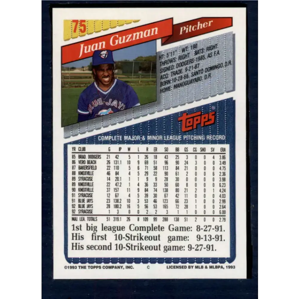 1993 Topps #75 Juan Guzman NM-MT Toronto Blue Jays Baseball Card - Baseball Card Single