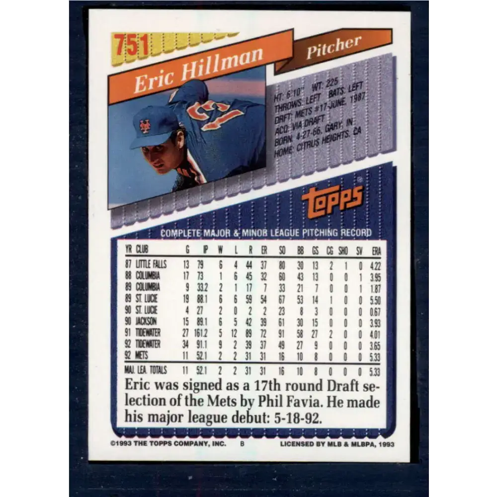 1993 Topps #751 Eric Hillman NM-MT New York Mets Baseball Card - Baseball Card Single