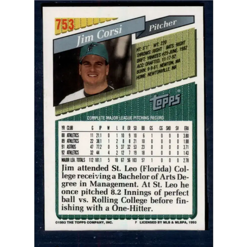 1993 Topps #753 Jim Corsi NM-MT Florida Marlins Baseball Card - Baseball Card Single