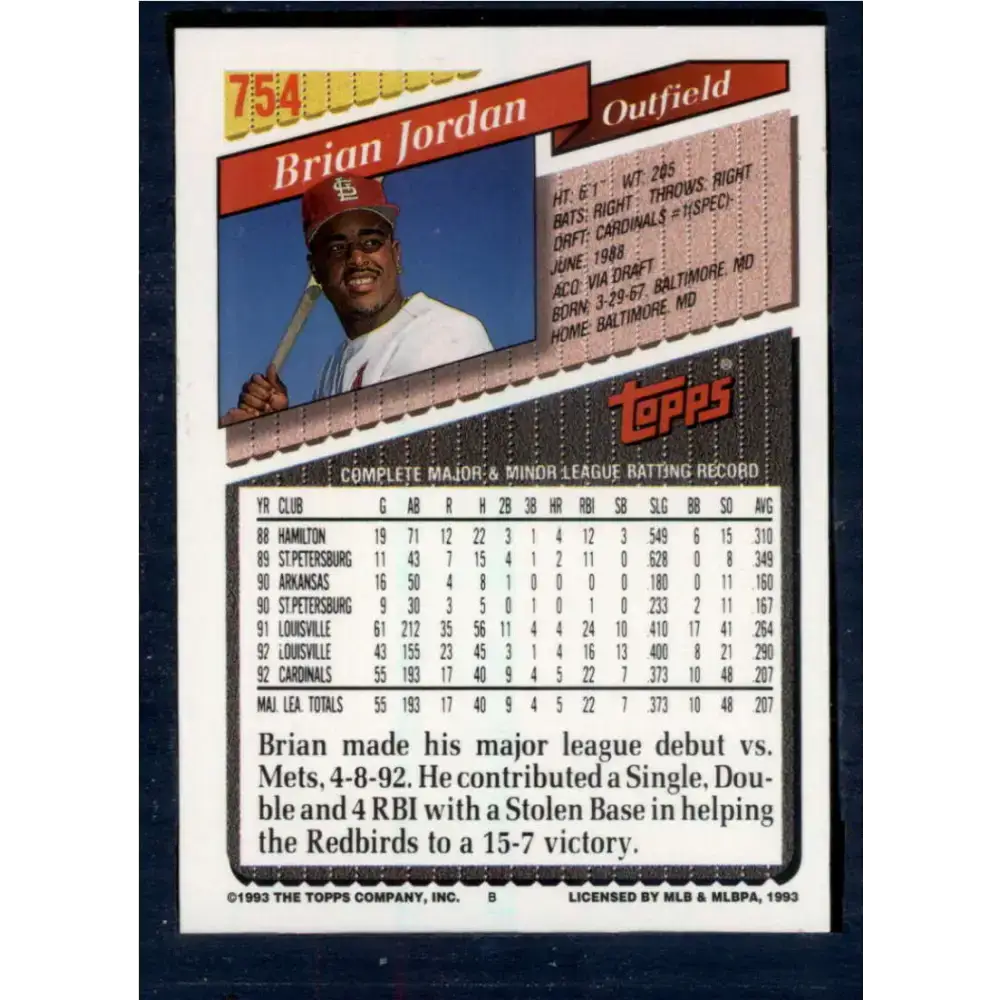 1993 Topps #754 Brian Jordan NM-MT St. Louis Cardinals Baseball Card - Baseball Card Single