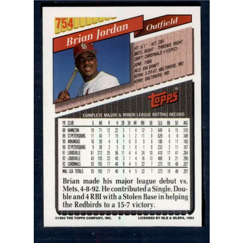 1993 Topps #754 Brian Jordan NM-MT St. Louis Cardinals Baseball Card - Baseball Card Single