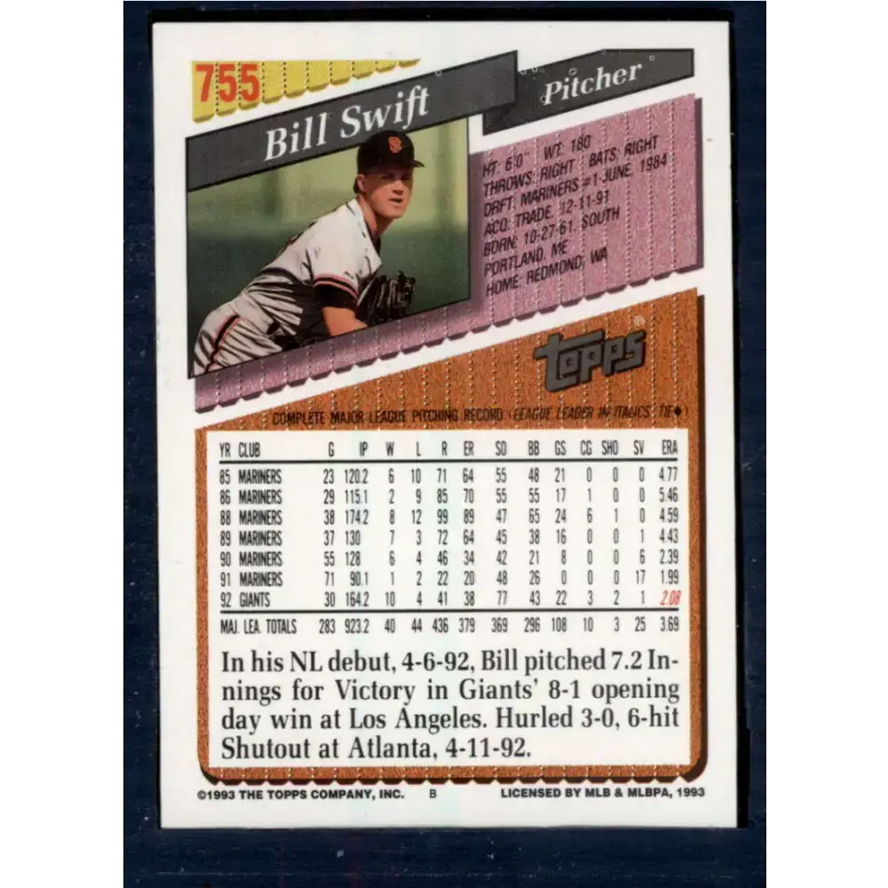 1993 Topps #755 Bill Swift NM-MT San Francisco Giants Baseball Card - Baseball Card Single
