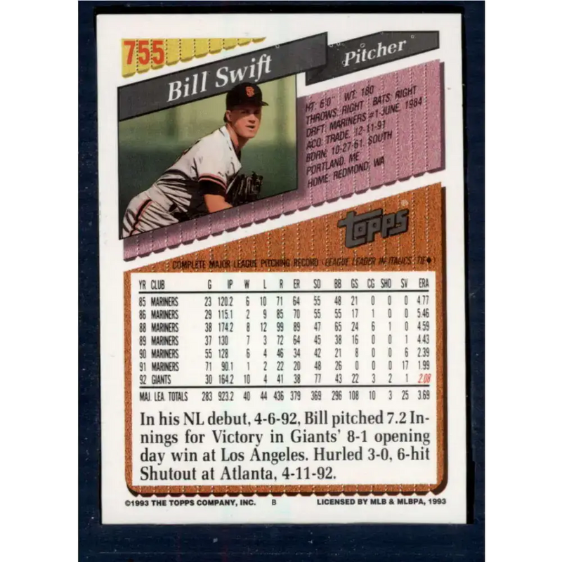 1993 Topps #755 Bill Swift NM-MT San Francisco Giants Baseball Card - Baseball Card Single