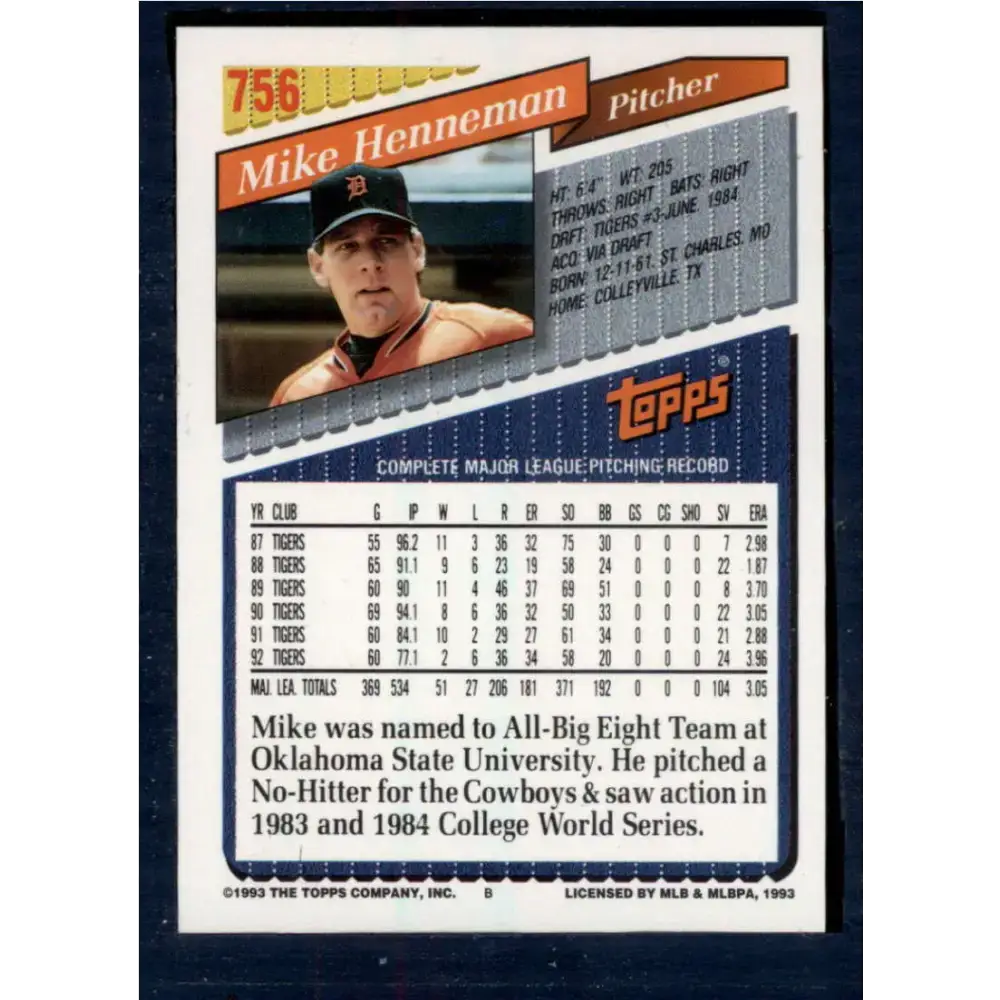 1993 Topps #756 Mike Henneman NM-MT Detroit Tigers Baseball Card - Baseball Card Single