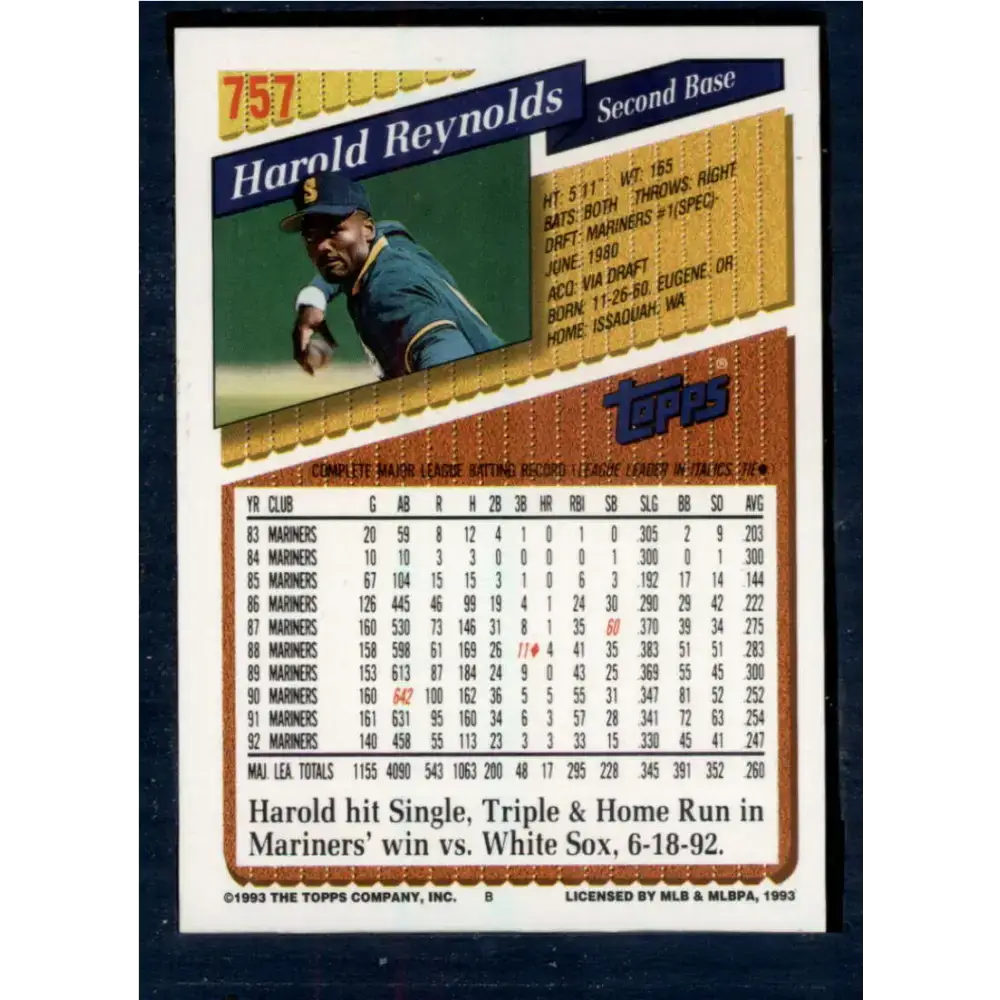 1993 Topps #757 Harold Reynolds NM-MT Seattle Mariners Baseball Card - Baseball Card Single
