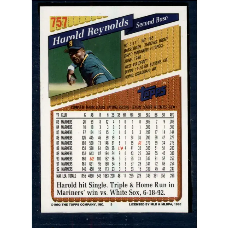 1993 Topps #757 Harold Reynolds NM-MT Seattle Mariners Baseball Card - Baseball Card Single