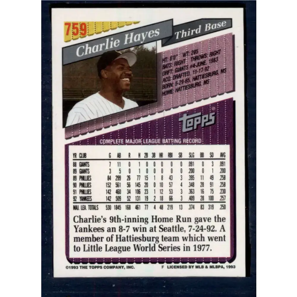 1993 Topps #759 Charlie Hayes NM-MT Colorado Rockies Baseball Card - Baseball Card Single