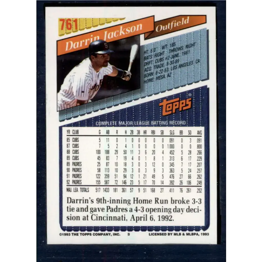 1993 Topps #761 Darrin Jackson NM-MT San Diego Padres Baseball Card - Baseball Card Single