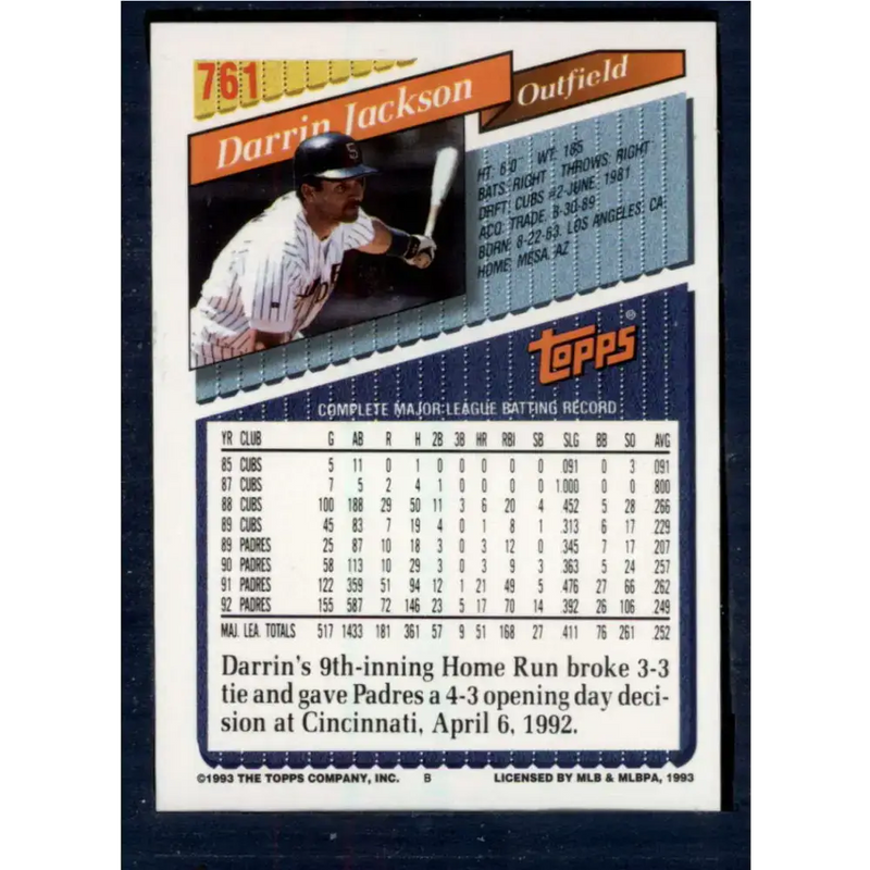 1993 Topps #761 Darrin Jackson NM-MT San Diego Padres Baseball Card - Baseball Card Single