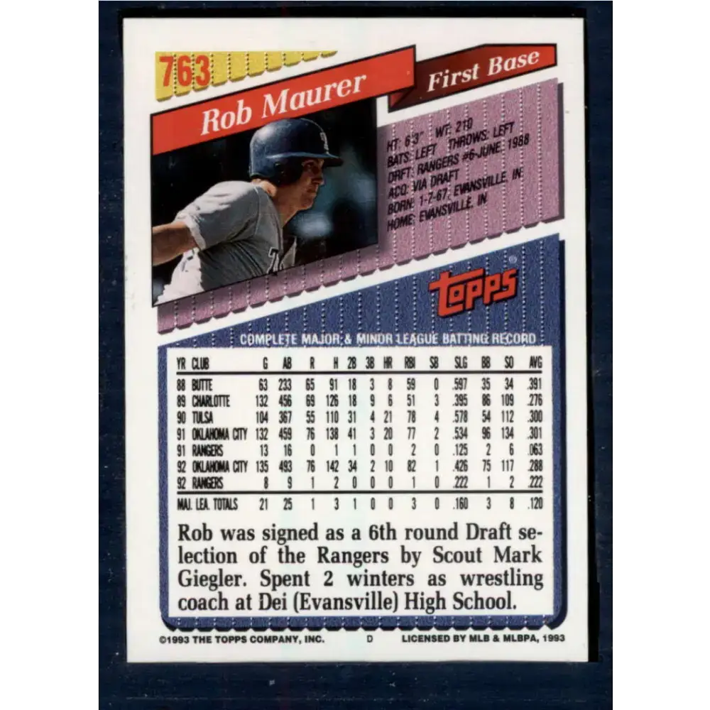 1993 Topps #763 Rob Maurer NM-MT Texas Rangers Baseball Card - Baseball Card Single