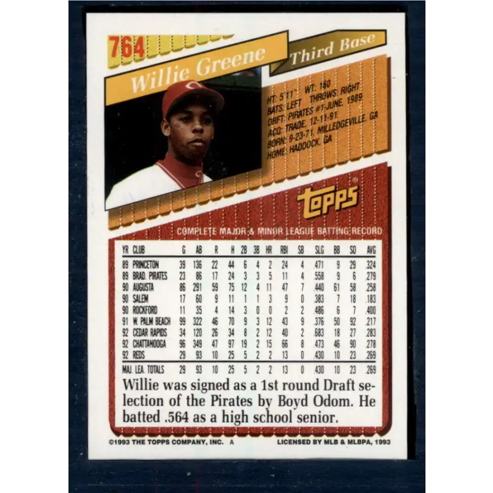 1993 Topps #764 Willie Greene NM-MT Cincinnati Reds Baseball Card - Baseball Card Single