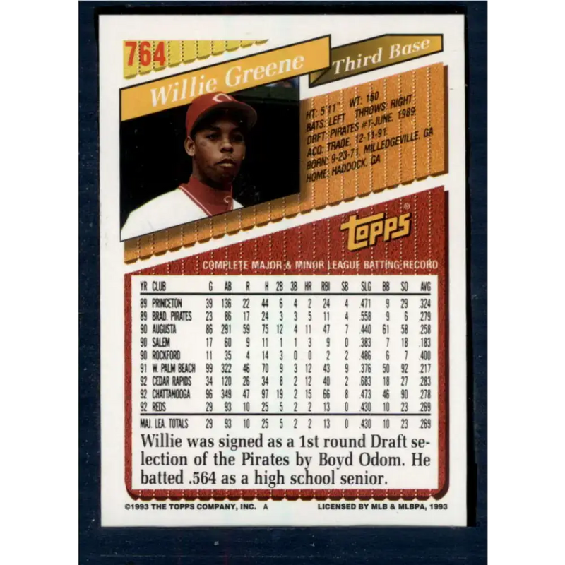 1993 Topps #764 Willie Greene NM-MT Cincinnati Reds Baseball Card - Baseball Card Single