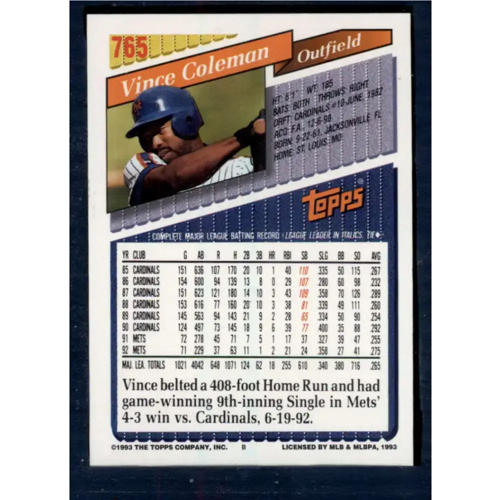 1993 Topps #765 Vince Coleman NM-MT New York Mets Baseball Card - Baseball Card Single