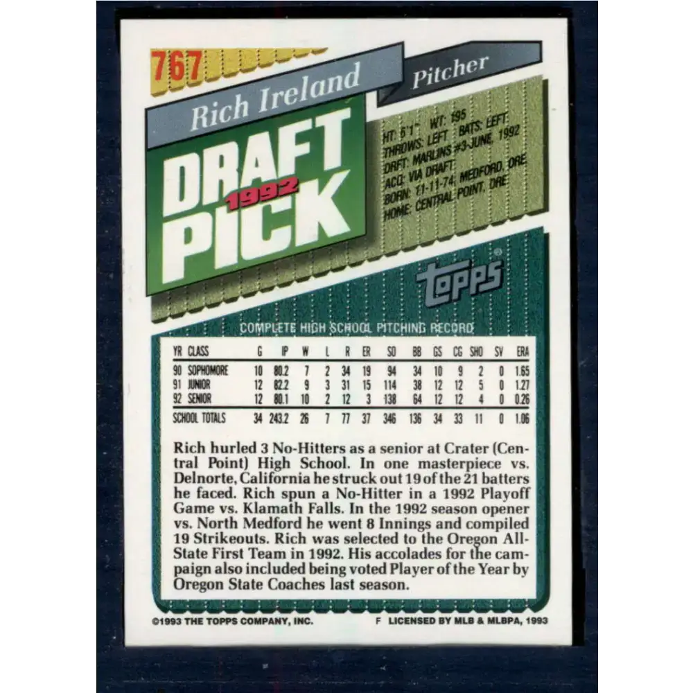 1993 Topps #767 Rich Ireland NM-MT RC Rookie Florida Marlins Baseball Card - Baseball Card Single