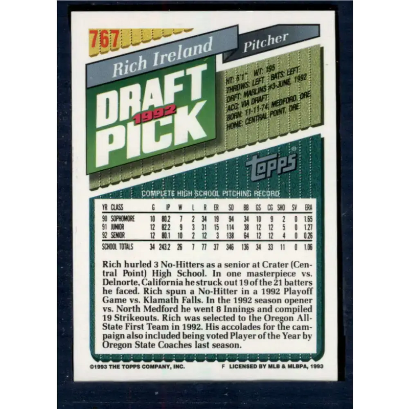 1993 Topps #767 Rich Ireland NM-MT RC Rookie Florida Marlins Baseball Card - Baseball Card Single