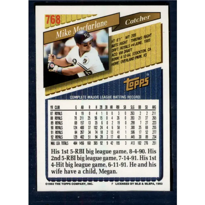 1993 Topps #768 Mike Macfarlane NM-MT Kansas City Royals Baseball Card - Baseball Card Single