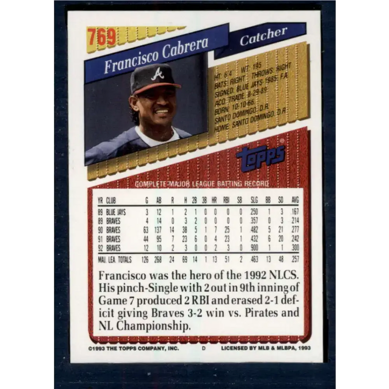 1993 Topps #769 Francisco Cabrera NM-MT Atlanta Braves Baseball Card - Baseball Card Single