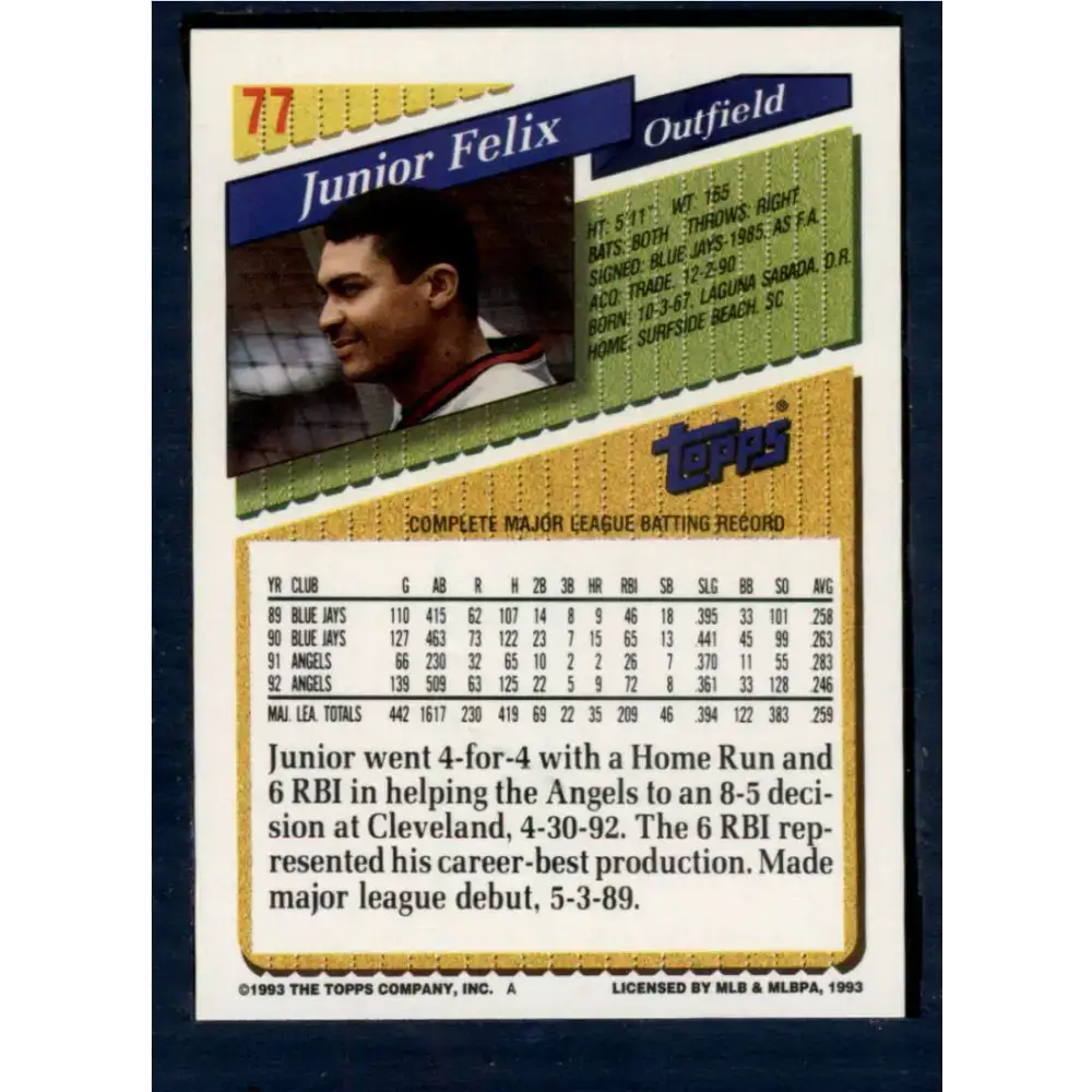 1993 Topps #77 Junior Felix NM-MT California Angels Baseball Card - Baseball Card Single