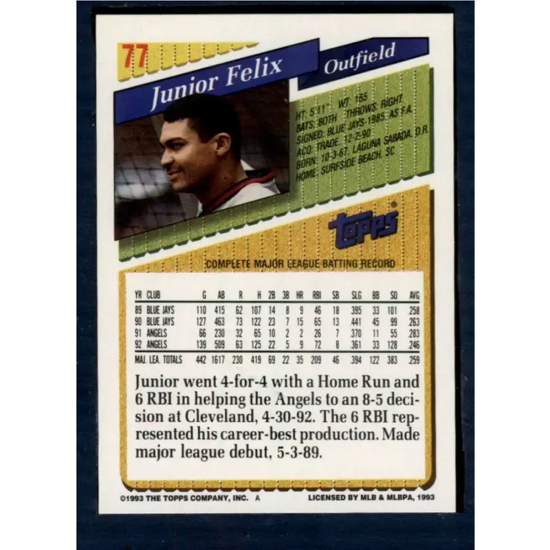 1993 Topps #77 Junior Felix NM-MT California Angels Baseball Card - Baseball Card Single