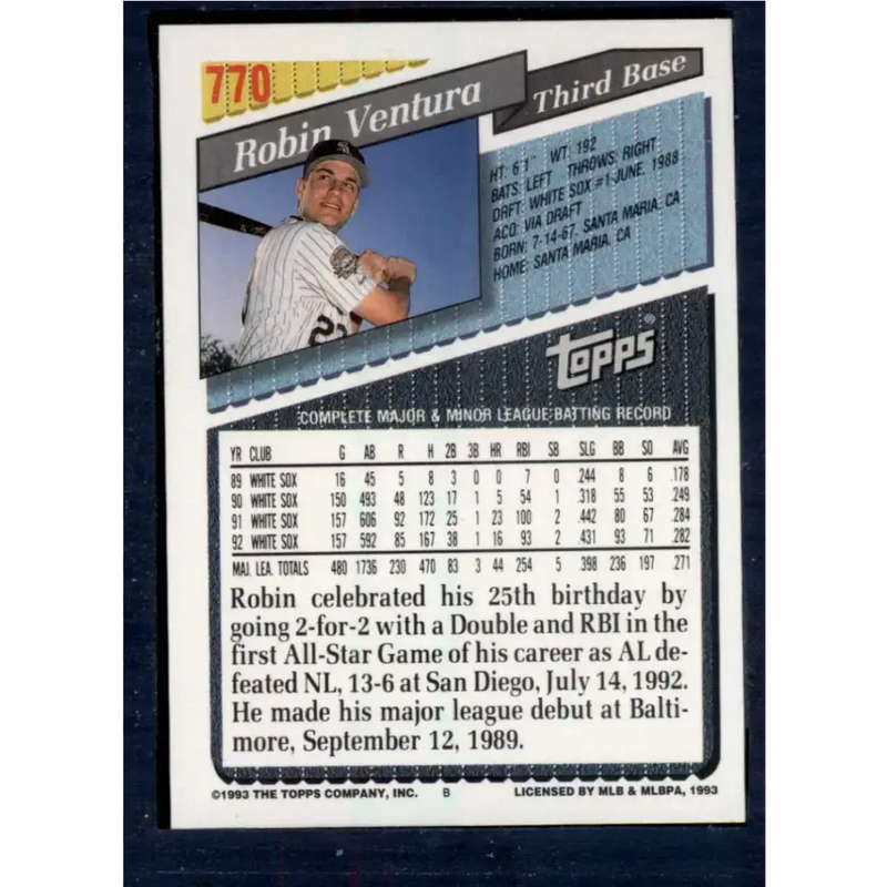 1993 Topps #770 Robin Ventura NM-MT Chicago White Sox Baseball Card - Baseball Card Single