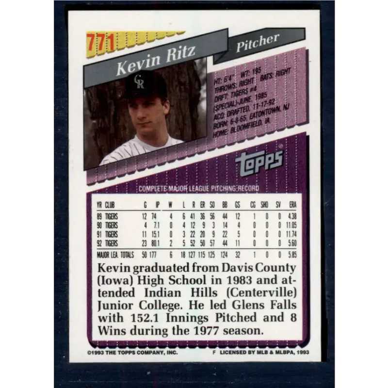 1993 Topps #771 Kevin Ritz NM-MT Colorado Rockies Baseball Card - Baseball Card Single