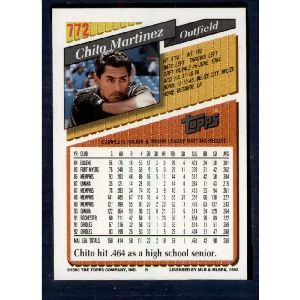 1993 Topps #772 Chito Martinez NM-MT Baltimore Orioles Baseball Card - Baseball Card Single