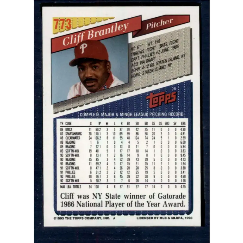 1993 Topps #773 Cliff Brantley NM-MT Philadelphia Phillies Baseball Card - Baseball Card Single