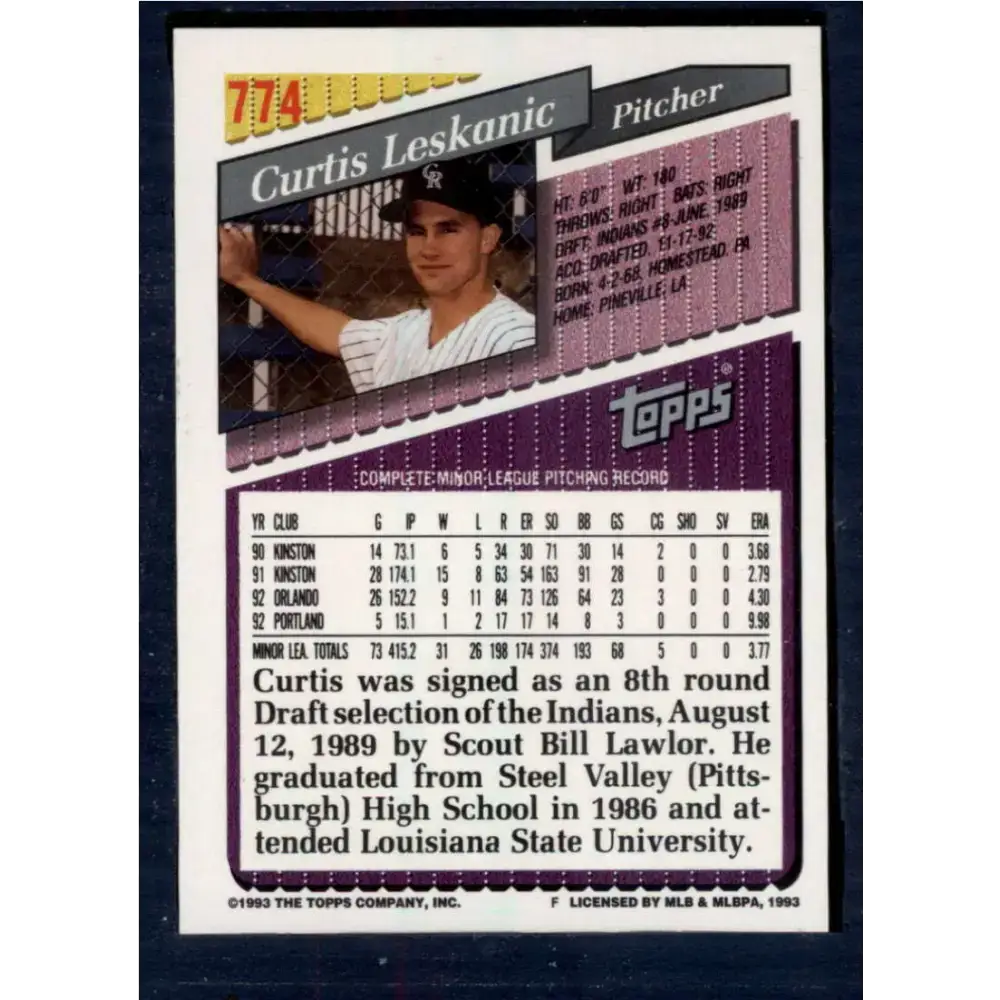 1993 Topps #774 Curt Leskanic NM-MT RC Rookie Colorado Rockies Baseball Card - Baseball Card Single