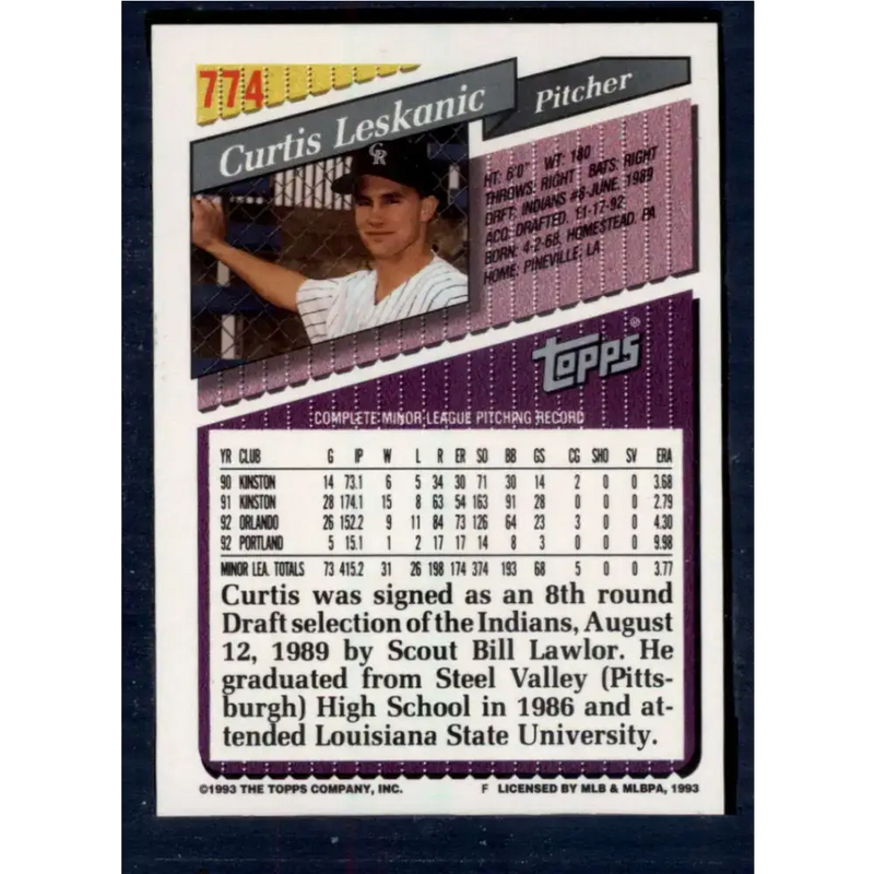 1993 Topps #774 Curt Leskanic NM-MT RC Rookie Colorado Rockies Baseball Card - Baseball Card Single