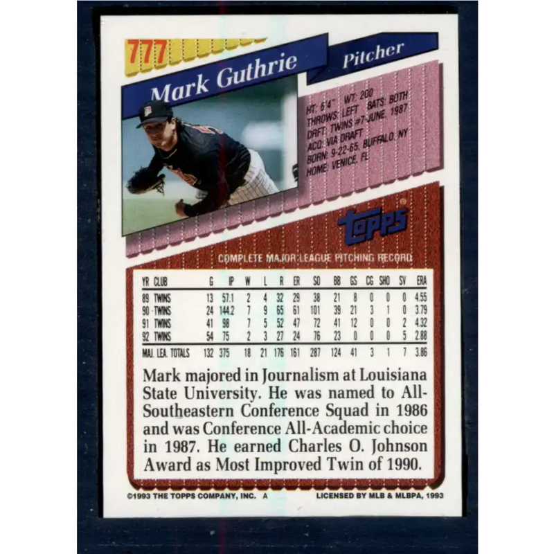 1993 Topps #777 Mark Guthrie NM-MT Minnesota Twins Baseball Card - Baseball Card Single
