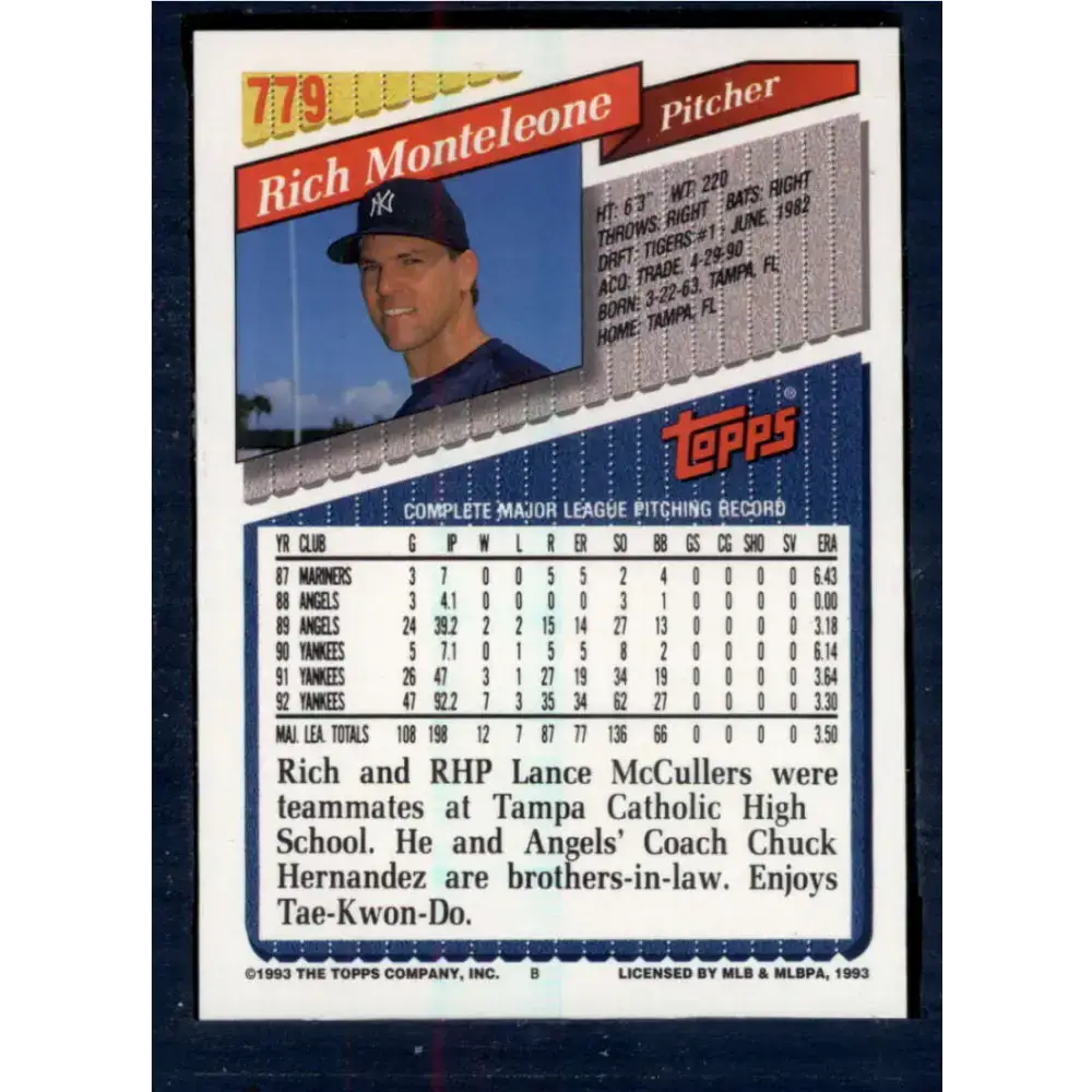 1993 Topps #779 Rich Monteleone NM-MT New York Yankees Baseball Card - Baseball Card Single