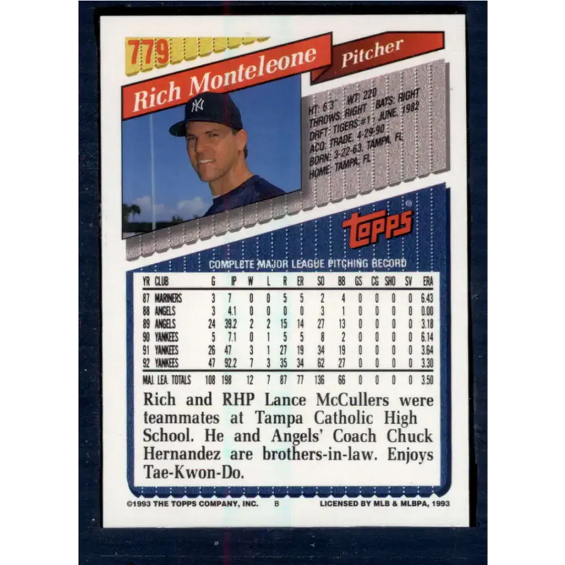 1993 Topps #779 Rich Monteleone NM-MT New York Yankees Baseball Card - Baseball Card Single