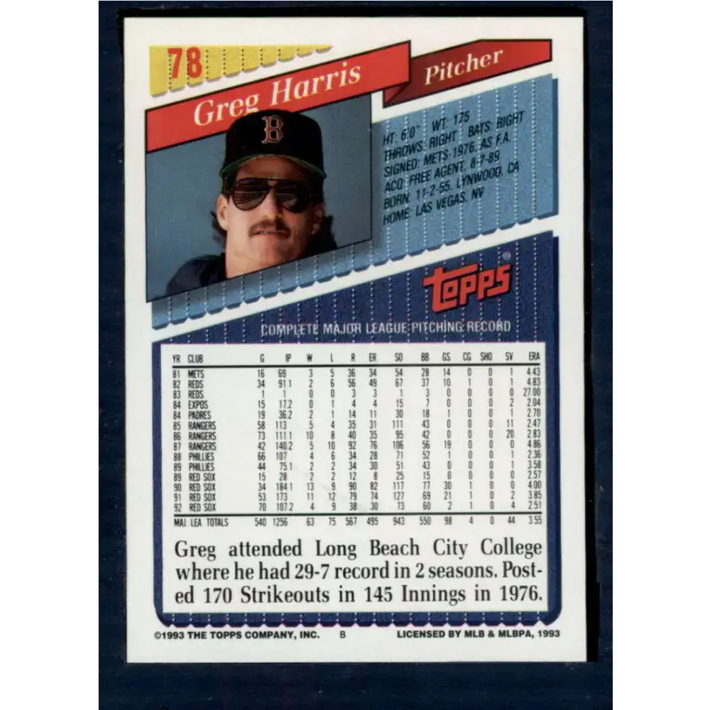 1993 Topps #78 Greg Harris NM-MT Boston Red Sox Baseball Card - Baseball Card Single