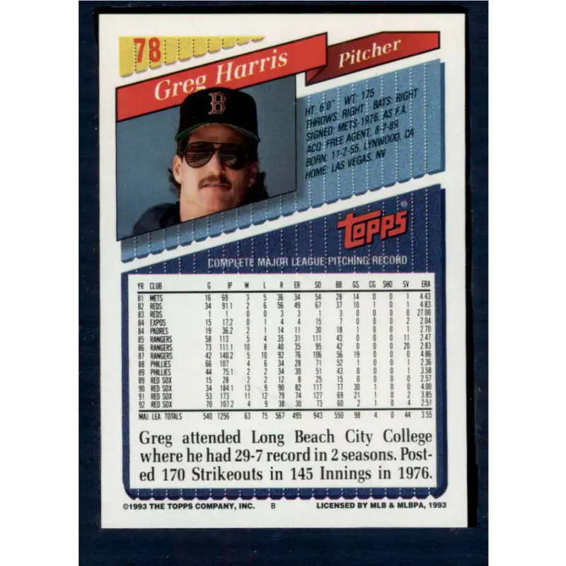1993 Topps #78 Greg Harris NM-MT Boston Red Sox Baseball Card - Baseball Card Single