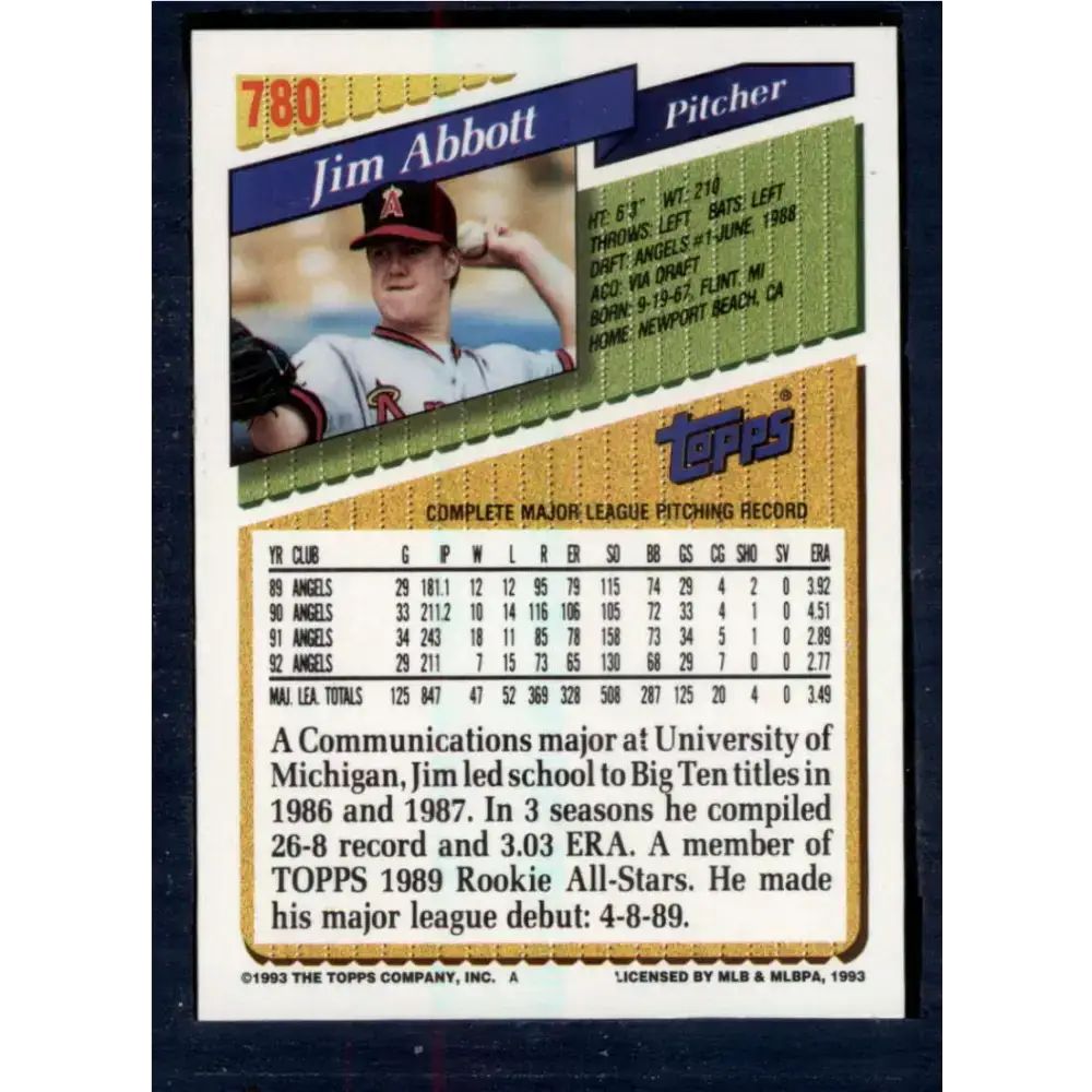 1993 Topps #780 Jim Abbott NM-MT California Angels Baseball Card - Baseball Card Single