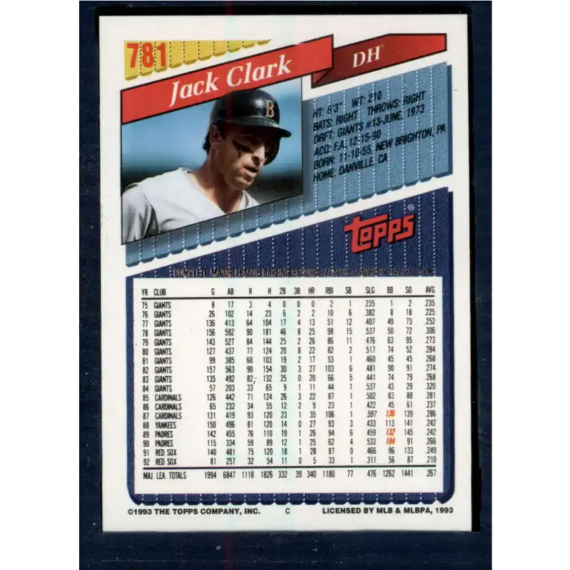 1993 Topps #781 Jack Clark NM-MT Boston Red Sox Baseball Card - Baseball Card Single