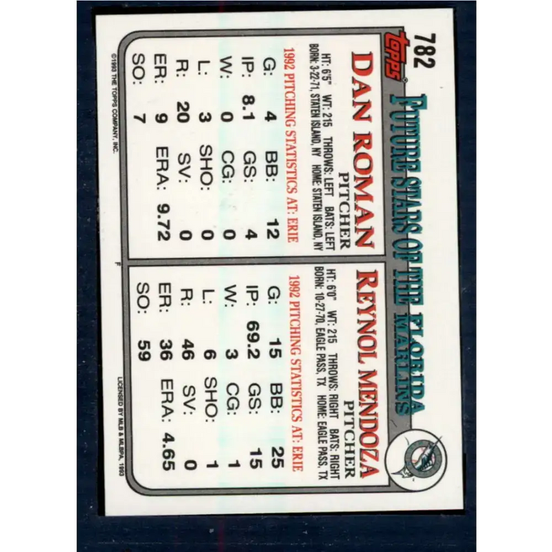 1993 Topps #782 Reynol Mendoza/Dan Roman NM-MT RC Rookie Florida Marlins Baseball Card - Baseball Card Single