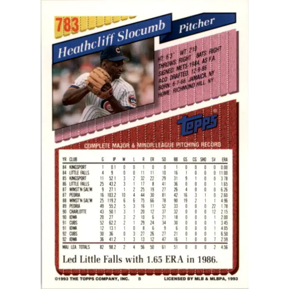 1993 Topps #783 Heathcliff Slocumb NM-MT Chicago Cubs Baseball Card - Baseball Card Single