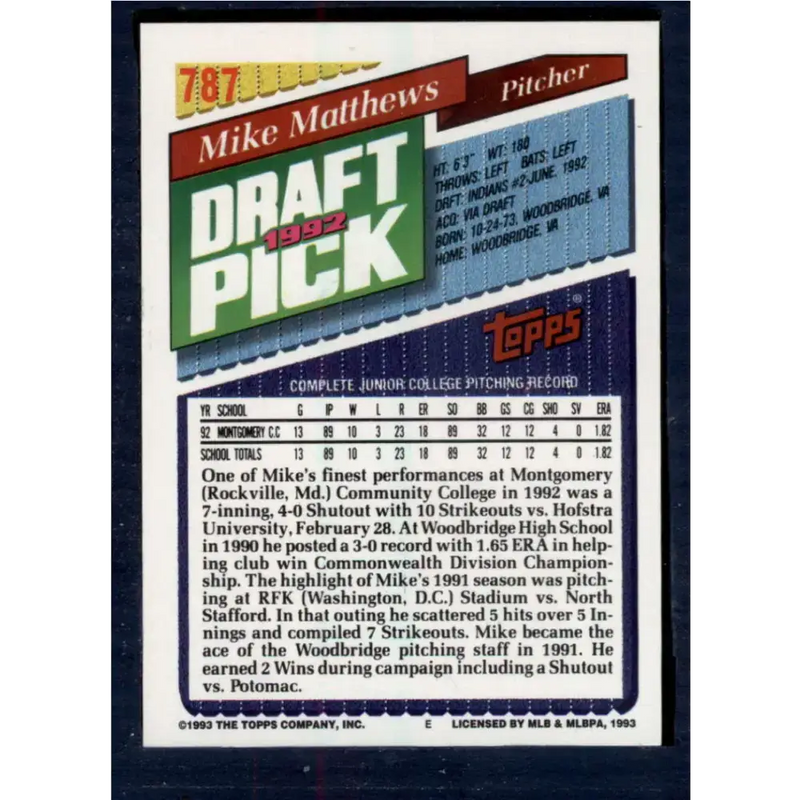 1993 Topps #787 Mike Matthews NM-MT RC Rookie Cleveland Indians Baseball Card - Baseball Card Single