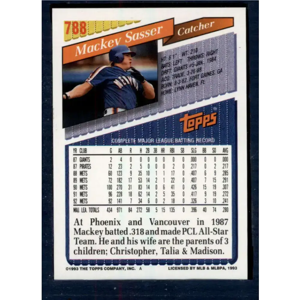 1993 Topps #788 Mackey Sasser NM-MT New York Mets Baseball Card - Baseball Card Single
