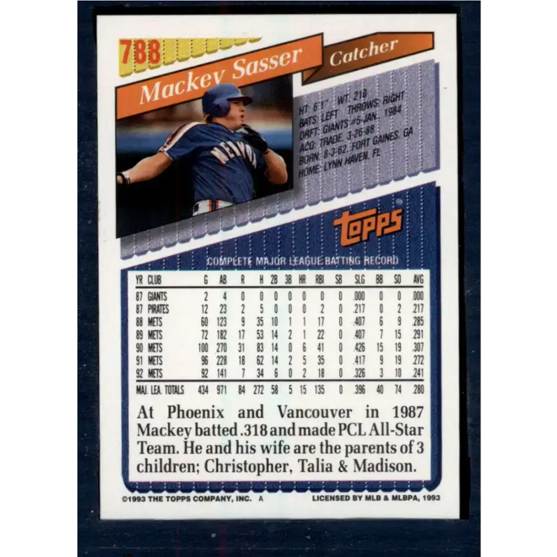 1993 Topps #788 Mackey Sasser NM-MT New York Mets Baseball Card - Baseball Card Single